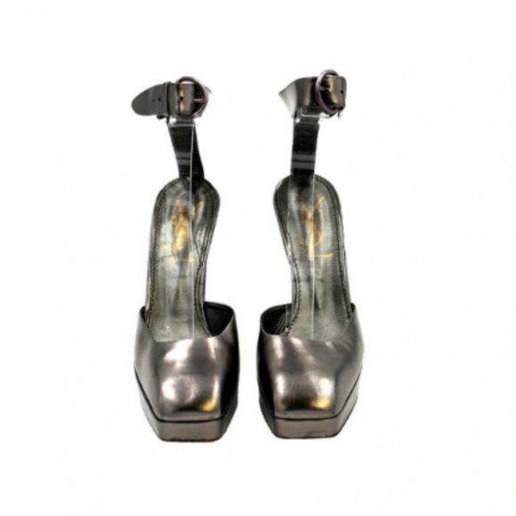 Saint Laurent Metallic Silver Leather Heels 38.5 - Picture 1 of 12